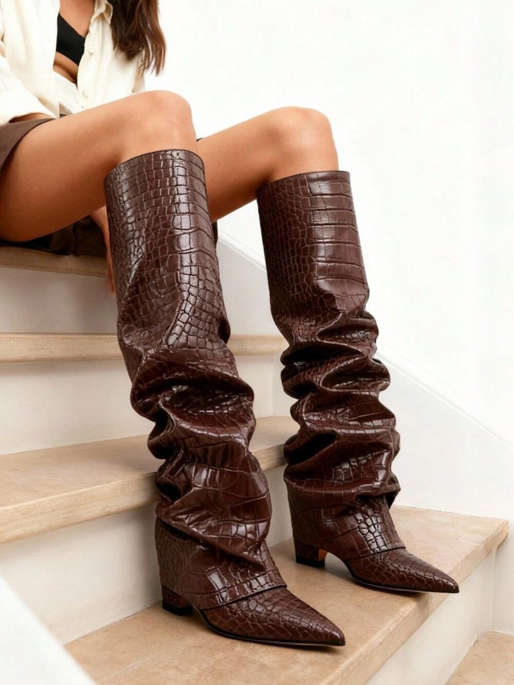 Brown Texture Punk Women's Knee High Fold Over Slouchy Chunky High Heels boots - Picture 9 of 11